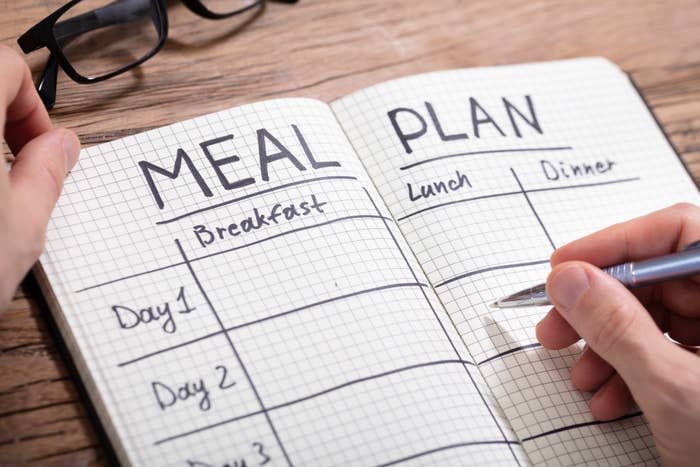 A meal plan notebook open to a page with columns for breakfast, lunch, and dinner, and rows for multiple days. A hand writes in the dinner section