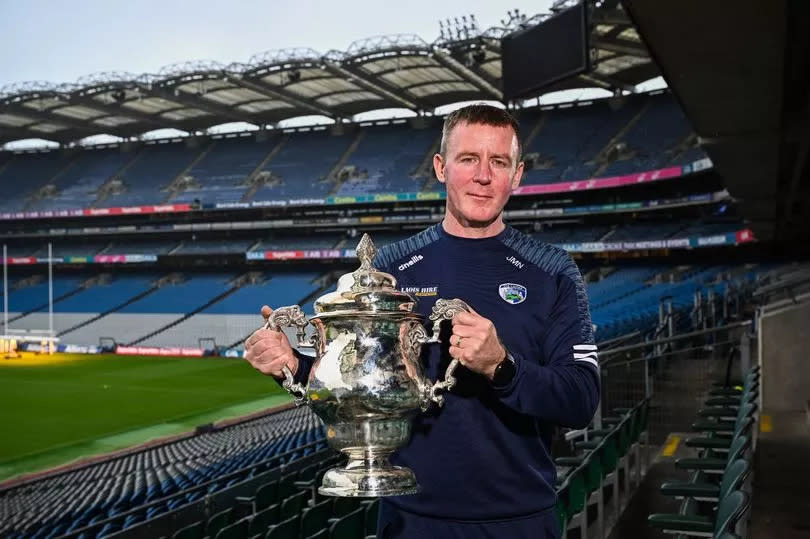 Laois manager Justin McNulty pictured with the Tailteann Cup ahead of Saturday's final against Down at Croke Park