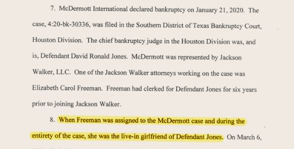 A motion filed in the Southern District of Texas bankruptcy court in March 2021 says Elizabeth Freeman is the "live-in girlfriend" of Judge David Jones.