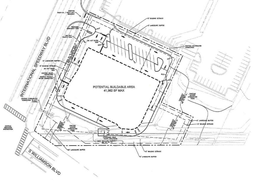This is a preliminary site map for a proposed new 41,962-square-foot commercial building that Lois Realty Corp., the real estate arm for the Seffner, Florida-based Rooms To Go home furnishings chain, is considering building on the site of its old 16,880-square-foot store at 2375 W. International Speedway Blvd. in Daytona Beach. The 1.43-acre property is on the southeast corner of ISB and Williamson Boulevard.