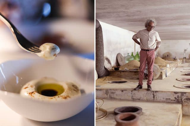 <p>Ritty Tacsum</p> From left: Ġbejna, a traditional Maltese cheese, served at Ion Harbour; Mark Cassar with earthenware pots he uses to ferment his wines.