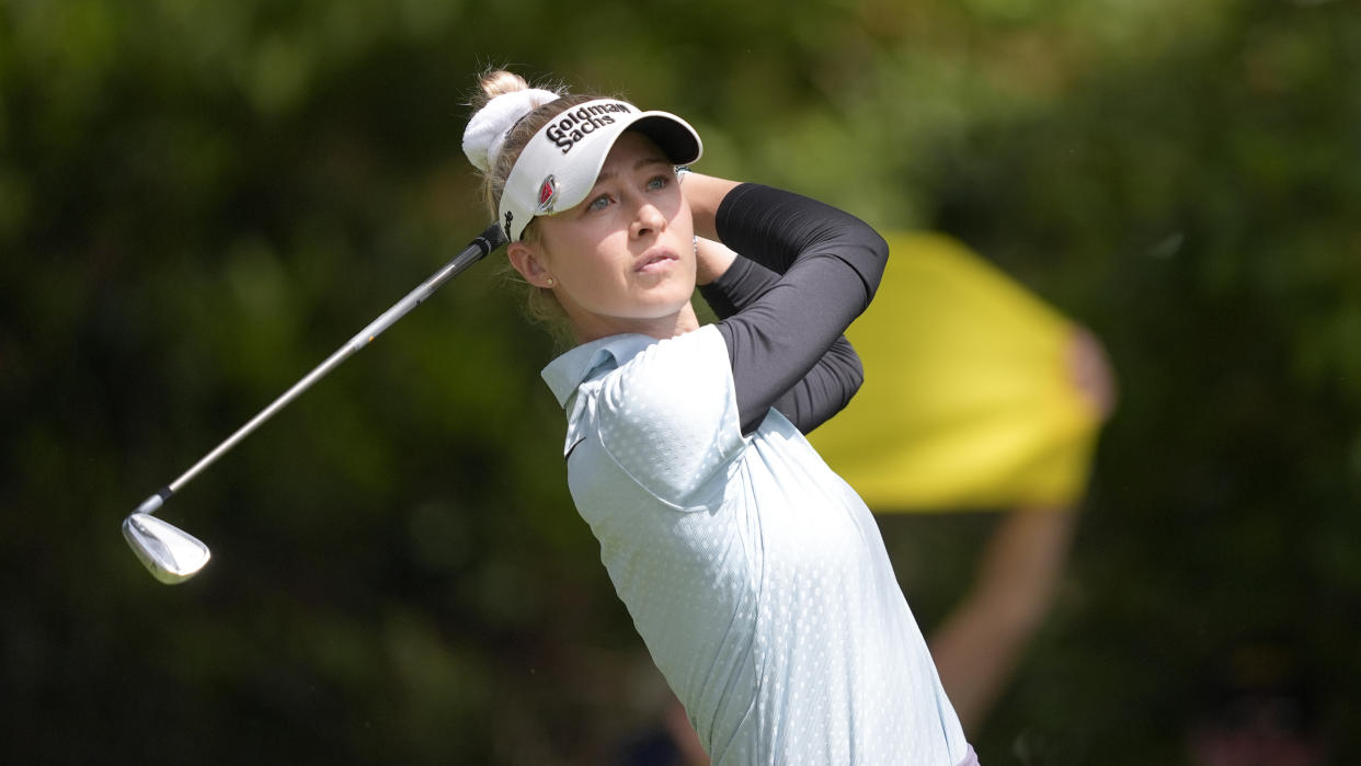 Nelly Korda hits on the fifth tee during the second round of the Women's PGA Championship golf tournament at Sahalee Country Club, Friday, June 21, 2024, in Sammamish, Wash. (AP Photo/Gerald Herbert)