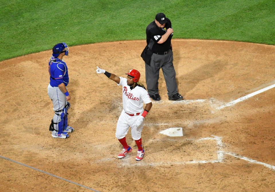 Jun 25, 2019; Philadelphia, PA, USA; Philadelphia Phillies third baseman Maikel Franco (7) celebrates after hitting a two-run home run during the sixth inning against the New York Mets at Citizens Bank Park. Mandatory Credit: Eric Hartline-USA TODAY Sports