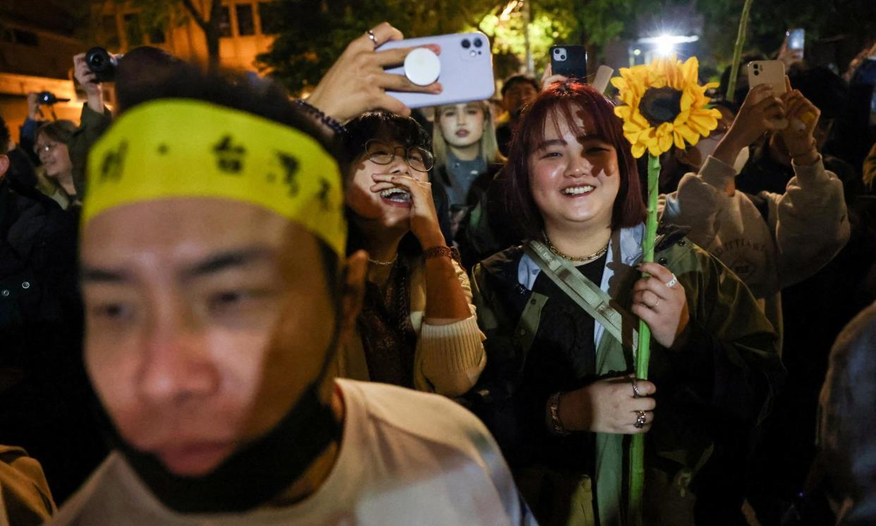 <span>Protesters gather for the 10th anniversary of the 2014 Sunflower movement in Taipei, Taiwan.</span><span>Photograph: Ann Wang/Reuters</span>