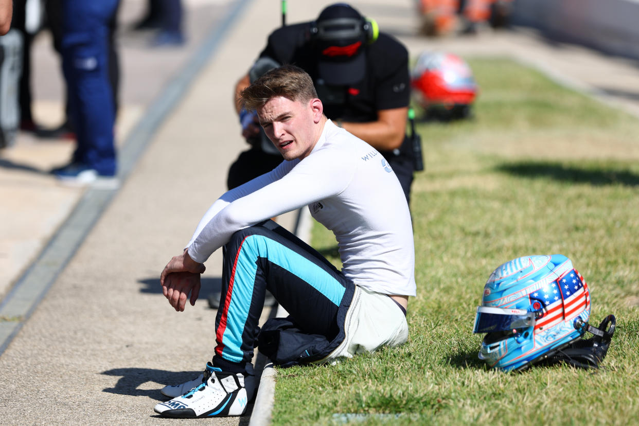 LE CASTELLET, FRANCE - JULY 24: Logan Sargeant of United States and Carlin (6) looks dejected after retiring from the race following an issue at his pitstop during the Round 9:Le Castellet Feature race of the Formula 2 Championship at Circuit Paul Ricard on July 24, 2022 in Le Castellet, France. (Photo by Clive Rose/Getty Images)