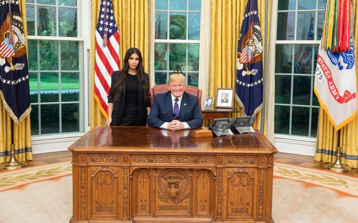 U.S. President Donald Trump meets with Kim Kardashian in the Oval Office of the White House to discuss prison reform - @realdonaldtrump/twitter