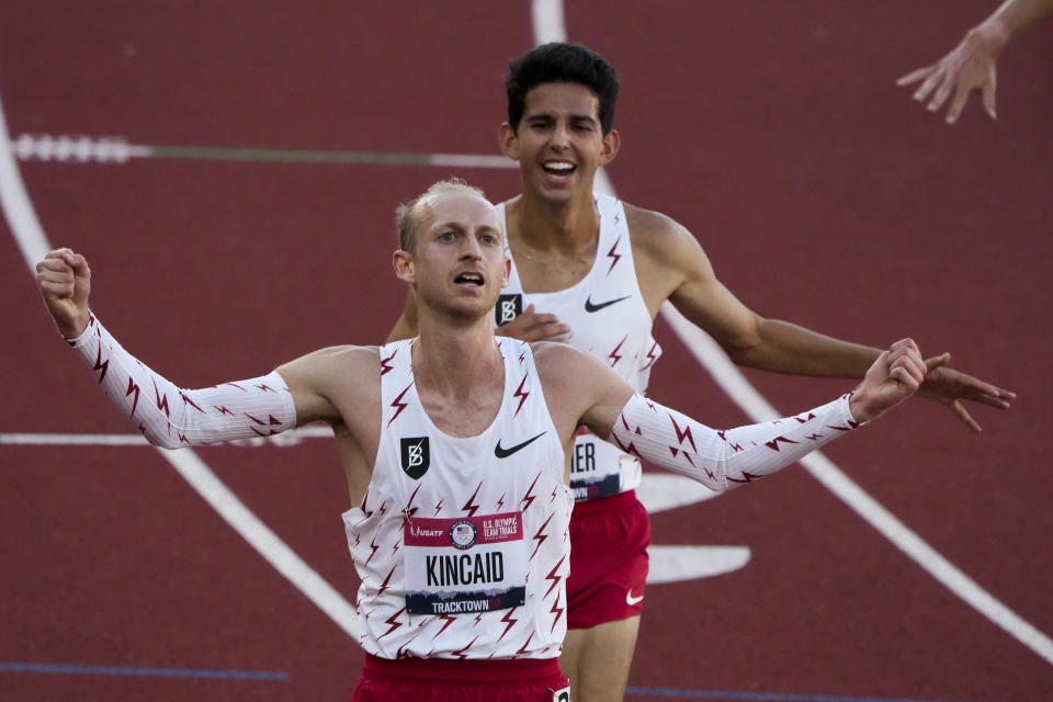 Woody Kincaid celebrates after winning the men's 10000-meter run at the U.S. Olympic Track and Field Trials Friday, June 18, 2021, in Eugene, Ore. (AP Photo/Chris Carlson)