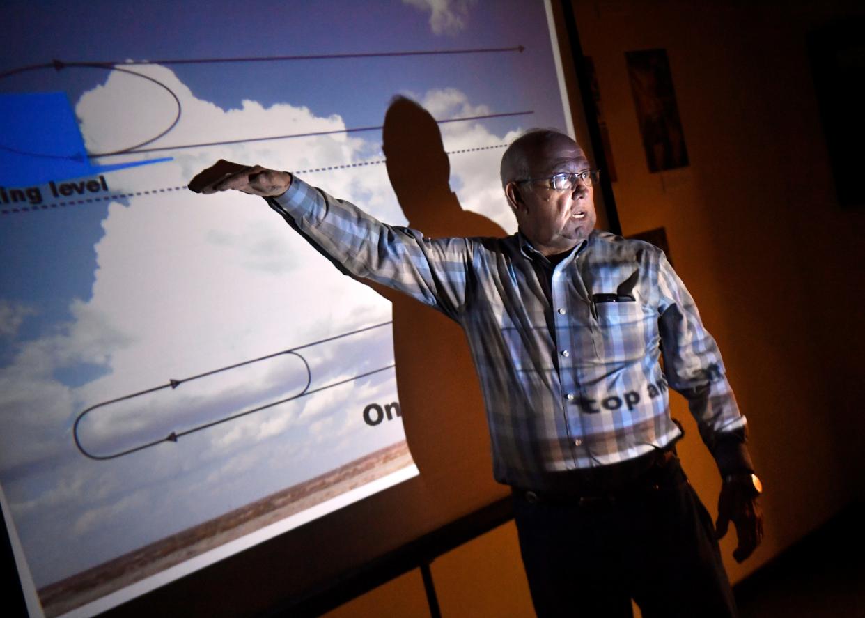 Gary Walker describes the inner workings of rain clouds during a presentation at Stamford’s Museum of the West Texas Frontier August 10. Walker runs a cloud-seeding company that serves seven Big Country counties.