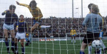 <p>Zico heads home the ‘winning goal’ for Brazil against Sweden in the 1978 World Cup… </p>