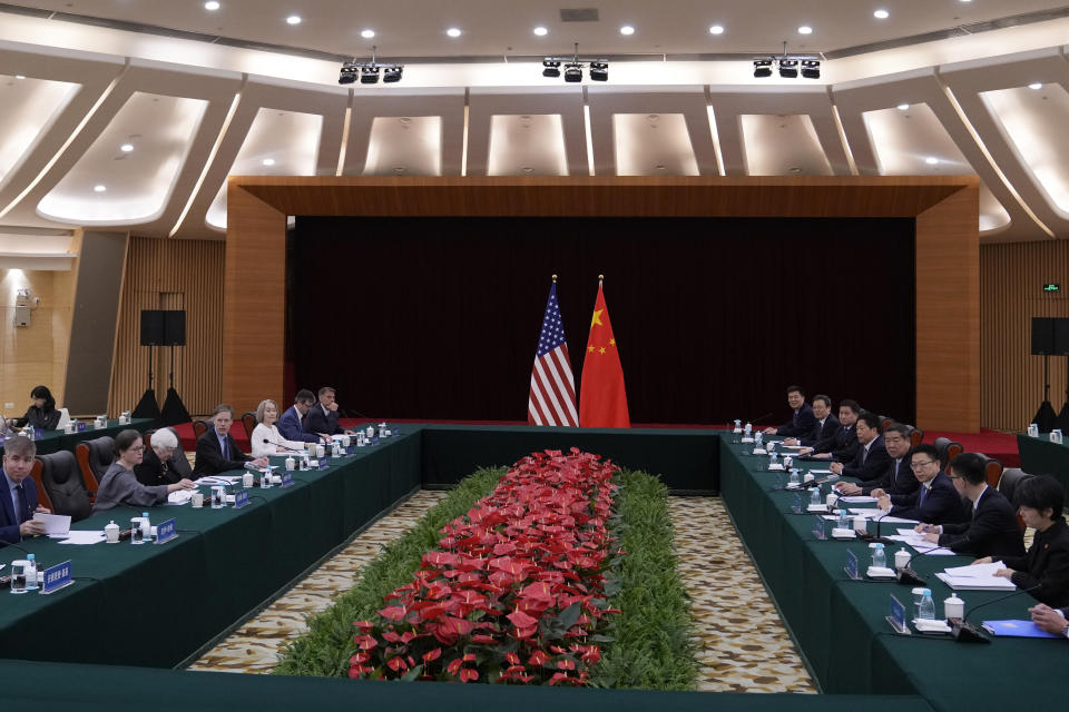 U.S. Treasury Secretary Janet Yellen, third from left, and Chinese Vice Premier He Lifeng, fourth from right, sit for a bilateral meeting at the Guangdong Zhudao Guest House in southern China's Guangdong province, Saturday, April 6, 2024. (AP Photo/Andy Wong, Pool)