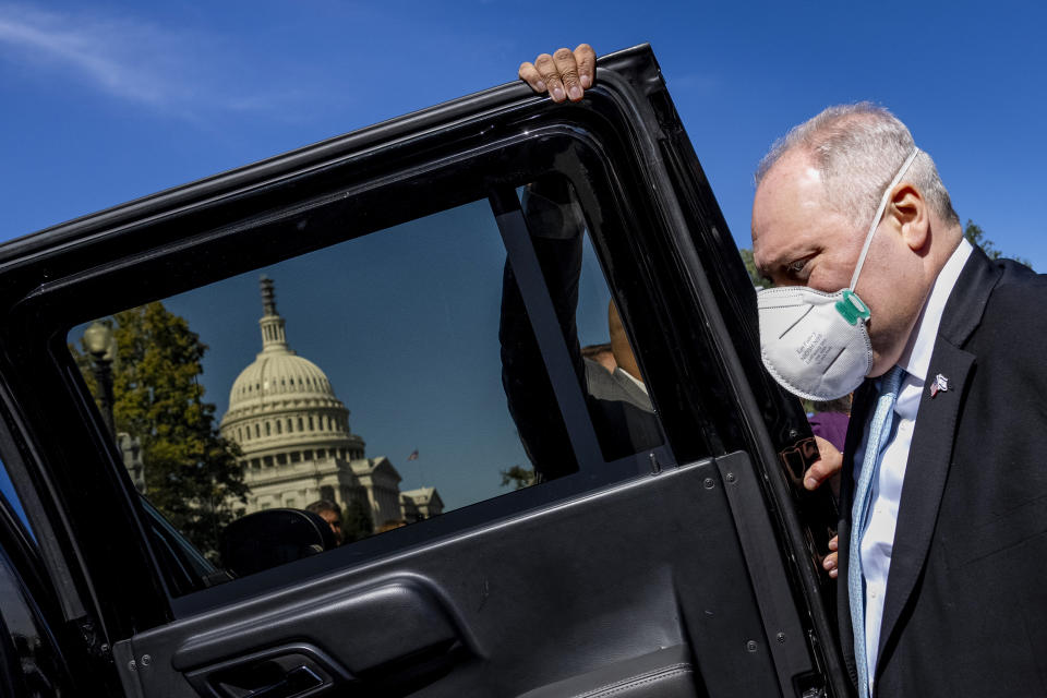 The Dome of the U.S. Capitol Building is visible as House Majority Leader Steve Scalise of La., leaves a meeting of House Republicans after they voted for him to be the next Speaker of the House on Capitol Hill, Wednesday, Oct. 11, 2023, in Washington. (AP Photo/Andrew Harnik)