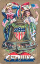 <p>Illustrated color postcard celebrating the American holiday, the Fourth of July, showing children in patriotic colors with the Liberty Bell, a symbol of American independence. (Photo: Kean Collection/Archive Photos/Getty Images) </p>