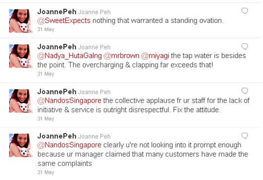 Joanne Peh rants online over bad service at Nando's. (Screengrab from Peh's Twitter account)