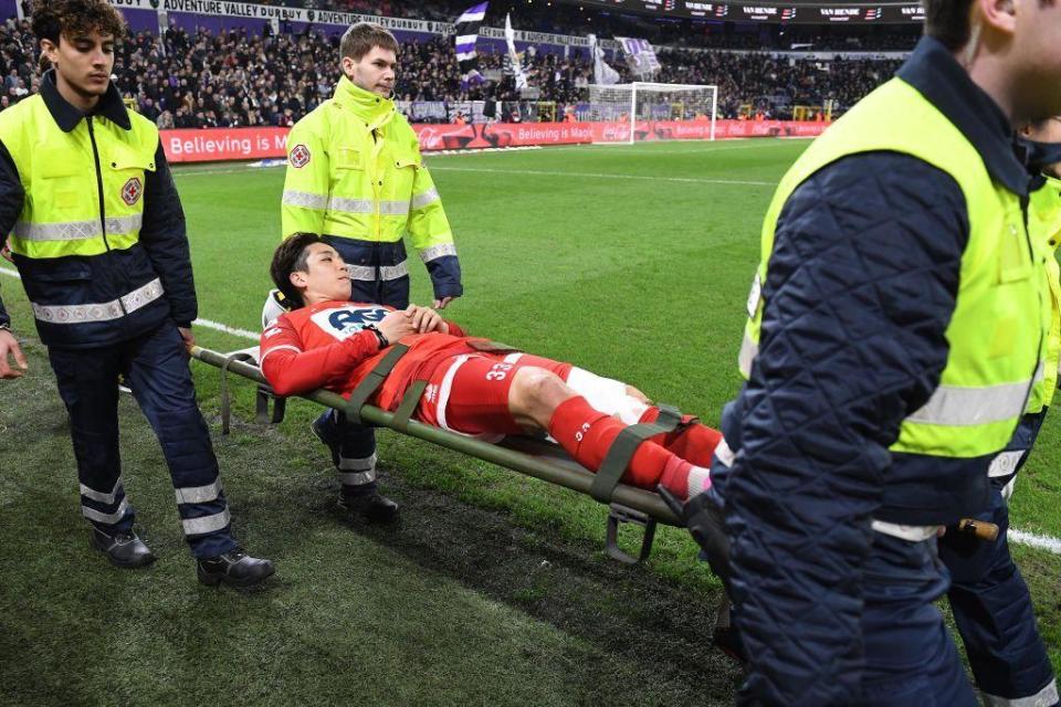 Ryotaro Tsunoda is stretchered from the field during a KV Kortrijk fixture