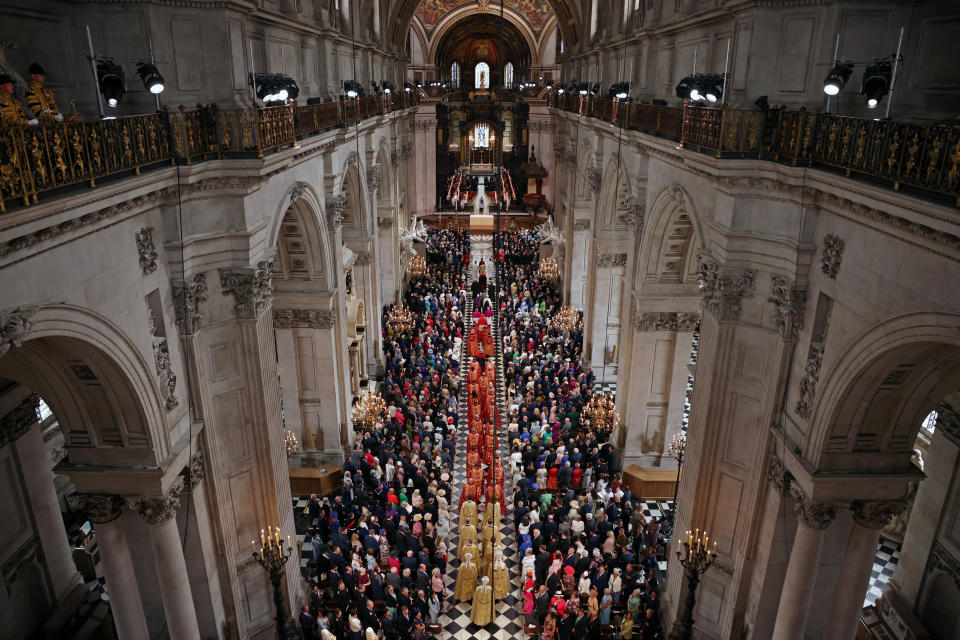 LONDON, ENGLAND - JUNE 03: A general view of the National Service of Thanksgiving at St Paul's Cathedral on June 03, 2022 in London, England. The Platinum Jubilee of Elizabeth II is being celebrated from June 2 to June 5, 2022, in the UK and Commonwealth to mark the 70th anniversary of the accession of Queen Elizabeth II on 6 February 1952.  (Photo by Dan Kitwood -WPA Pool/Getty Images)