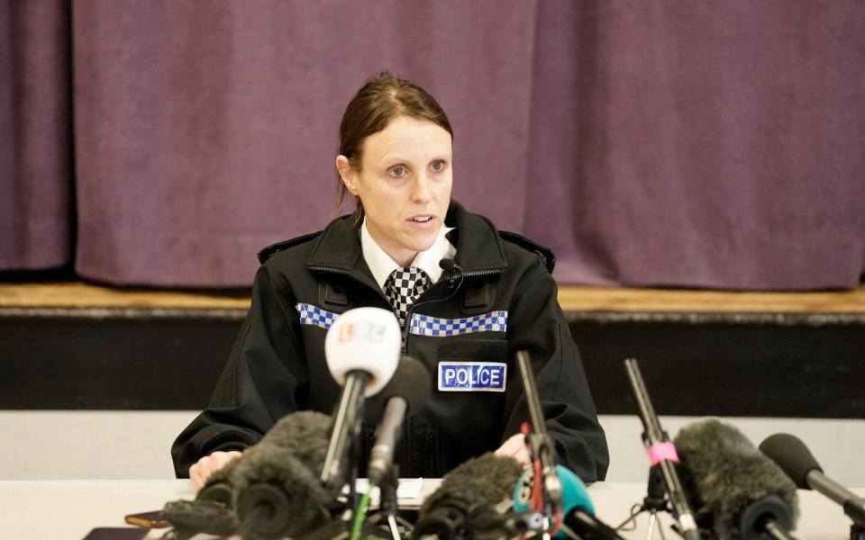 Lancashire Police Superintendent Sally Riley speaks to the media at St Michael's on Wyre Village Hall - Danny Lawson