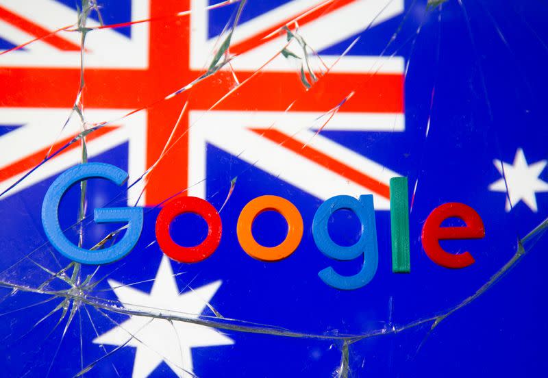 FILE PHOTO: A 3D printed Google logo is placed on broken glass in front of displayed Australian flag in this illustration taken