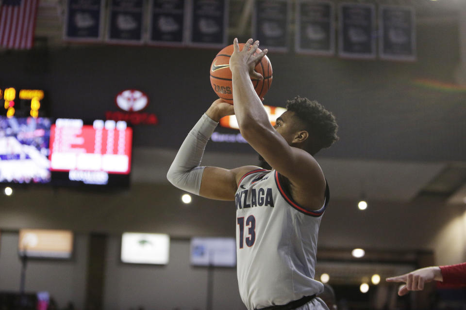 Gonzaga guard Malachi Smith shoots during the first half of an NCAA college basketball game against Northern Illinois, Monday, Dec. 12, 2022, in Spokane, Wash. (AP Photo/Young Kwak)