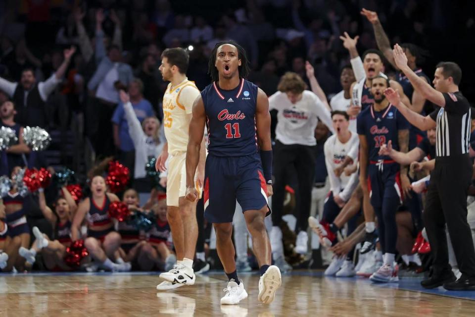 Mar 23, 2023; New York, NY, USA; Florida Atlantic Owls guard Michael Forrest (11) reacts after a three-point basket against the Tennessee Volunteers in the second half at Madison Square Garden. Mandatory Credit: Brad Penner-USA TODAY Sports