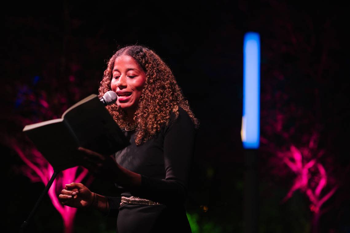 American poet, Aja Monet, reading at a 2017 Knight Arts Challenge event.