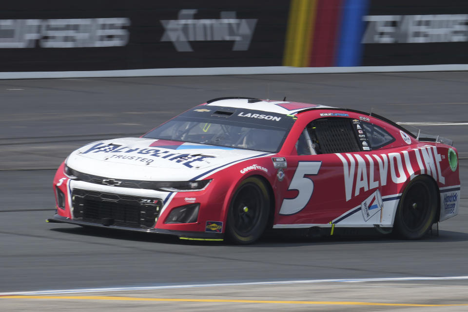 Kyle Larson steers his car out of Turn 4 during the Crayon 301 NASCAR Cup Series race Monday, July 17, 2023, at New Hampshire Motor Speedway, in Loudon, N.H. (AP Photo/Steven Senne)