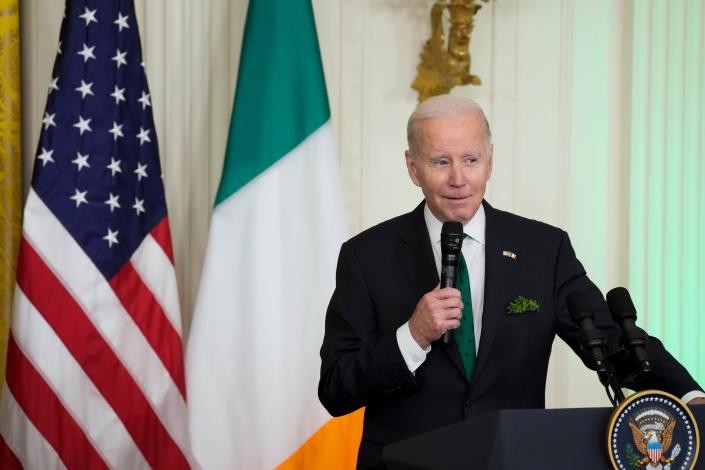 President Joe Biden speaks during a St. Patrick's Day reception in the East Room of the White House, Friday, March 17, 2023, in Washington.