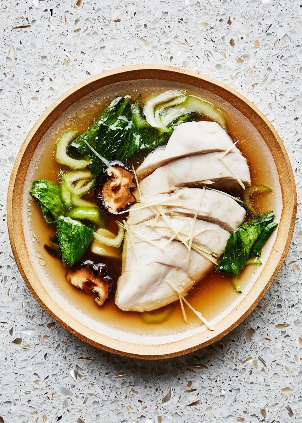 Even steaming can overcook chicken. Keep the heat and steam gentle and remove the meat when it’s just firm and has a bit of spring when pressed. <a href="https://www.bonappetit.com/recipe/brothy-chicken-with-ginger-and-bok-choy?mbid=synd_yahoo_rss" rel="nofollow noopener" target="_blank" data-ylk="slk:See recipe." class="link ">See recipe.</a>