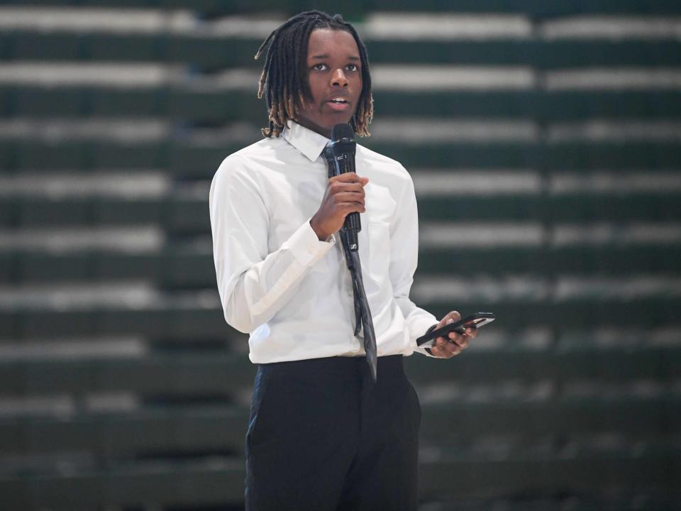 JCM Student Darian Pewitte recites his speech titled "What is Your Live's Blueprint" during the JCM Black History Month Celebration inside Jackson Central-Merry High School in Wednesday, Feb. 28, 2024.