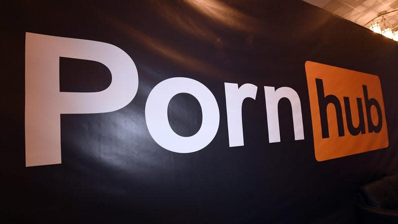 A Pornhub logo is displayed at the company’s booth at the 2018 AVN Adult Entertainment Expo at the Hard Rock Hotel & Casino on January 24, 2018 in Las Vegas, Nevada