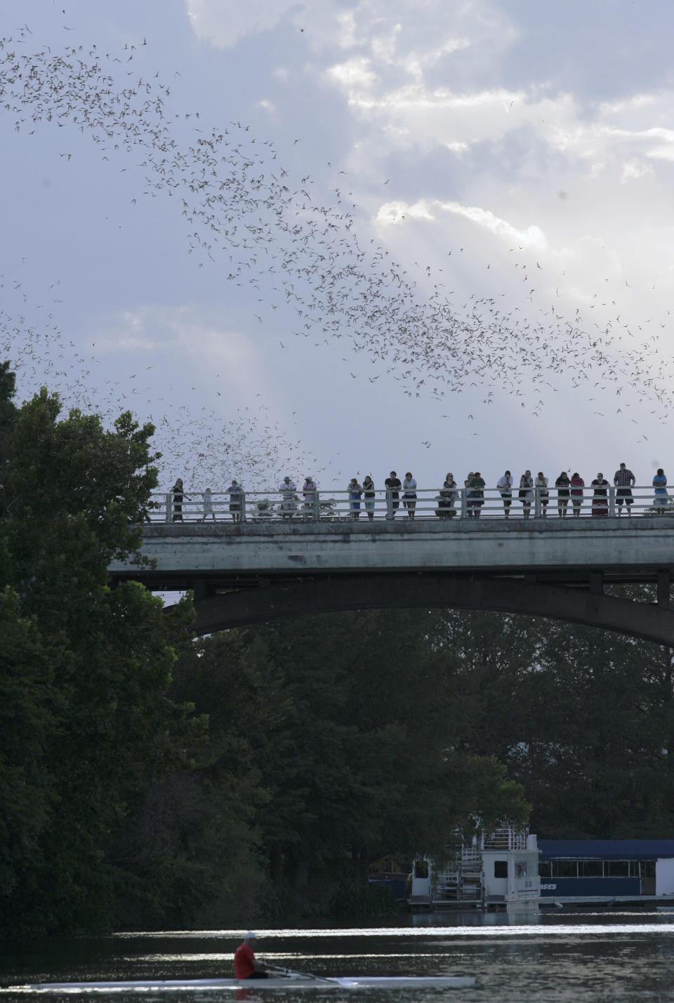 FILE - This file photo taken Aug. 11, 2009 shows an oarsman and sight-seeing boat floating the impounded Colorado River as some of the more than 1.5 million bats emerge from the Congress Ave. bridge in Austin, Texas. (AP Photo/Harry Cabluck, File)
