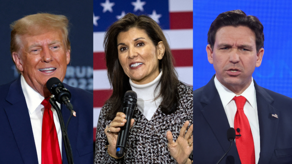 (Left to right) Republican presidential candidates Former President Donald Trump, Nikki Haley and Ron DeSantis. (Photo: Getty Images)