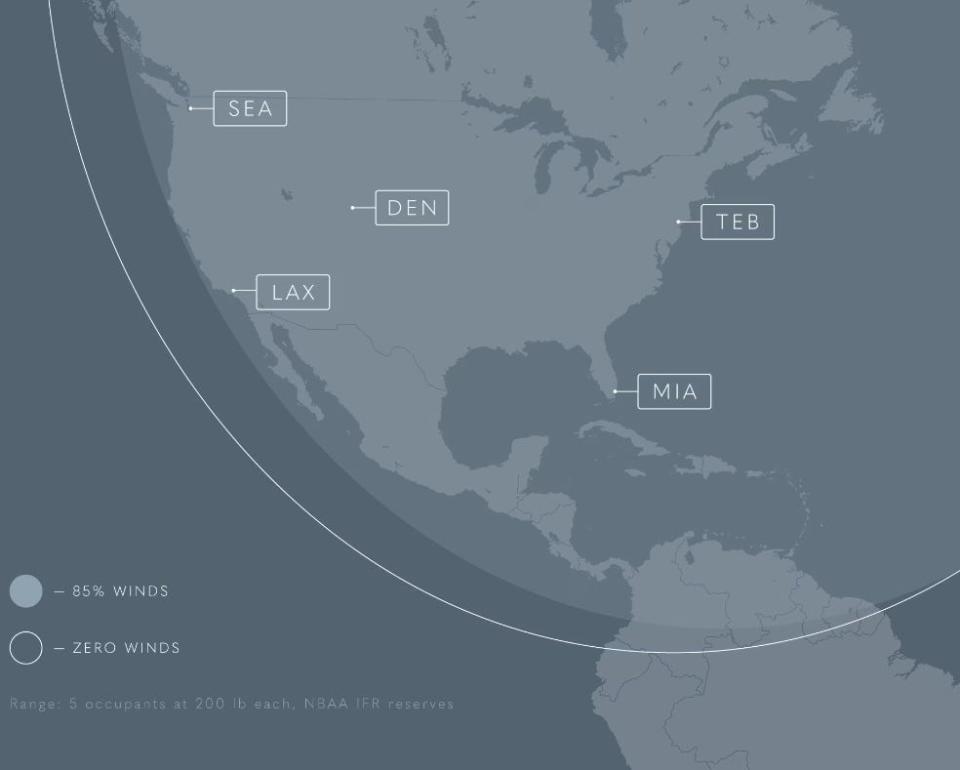 HondaJet Echelon route map for five people at 200 lbs each.