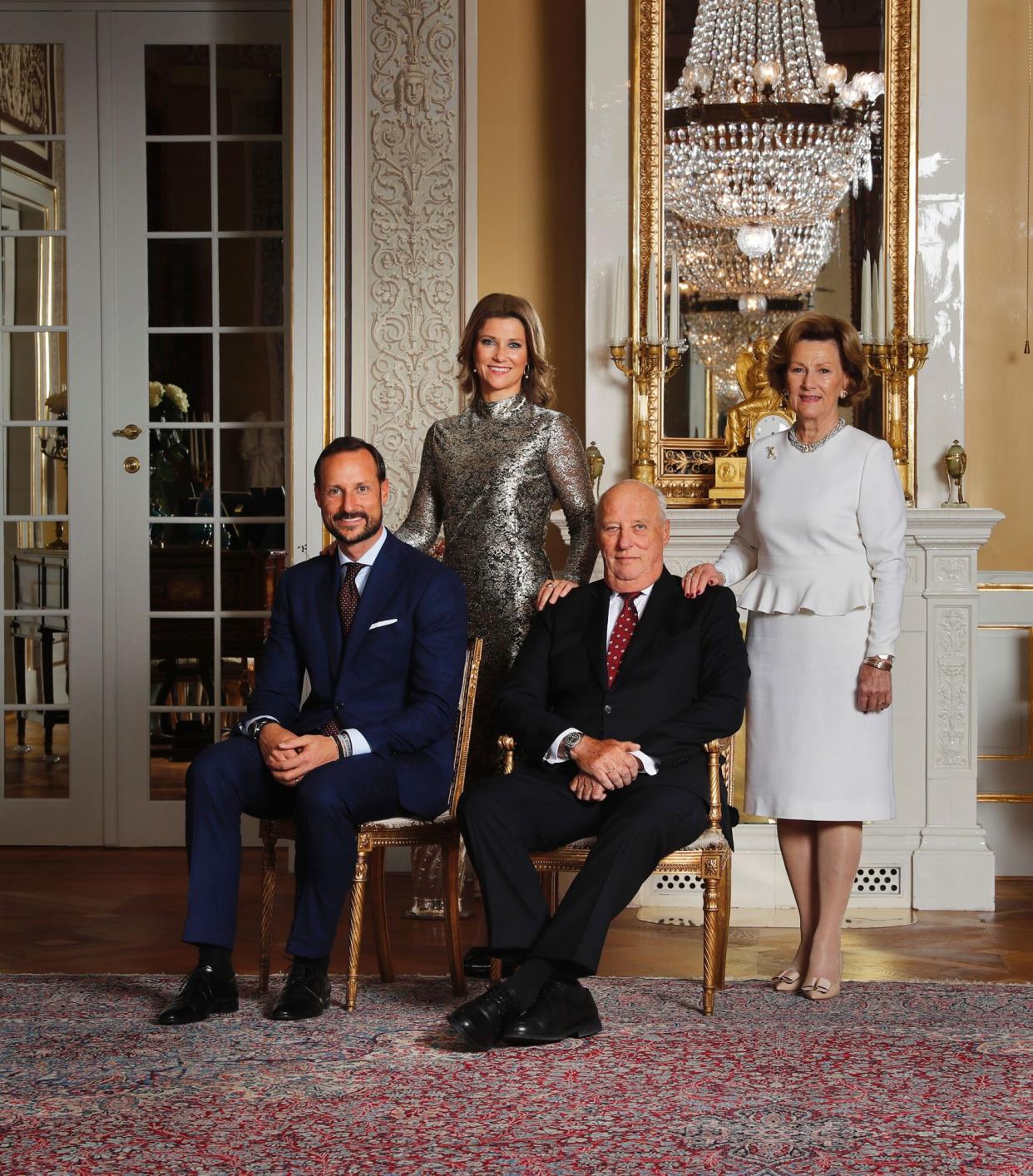 This picture taken on October 17, 2016in Oslo and released on February 17 2017 shows King Harald V of Norway (down R) and Sonja of Norway (top R) and Norway`s Crown Prince Haakon and Princess Martha Louise of Norway. The couple will both celebrate their 80th birthdays later this year, King Harald on 21 February, Queen Sonja on 4 July.