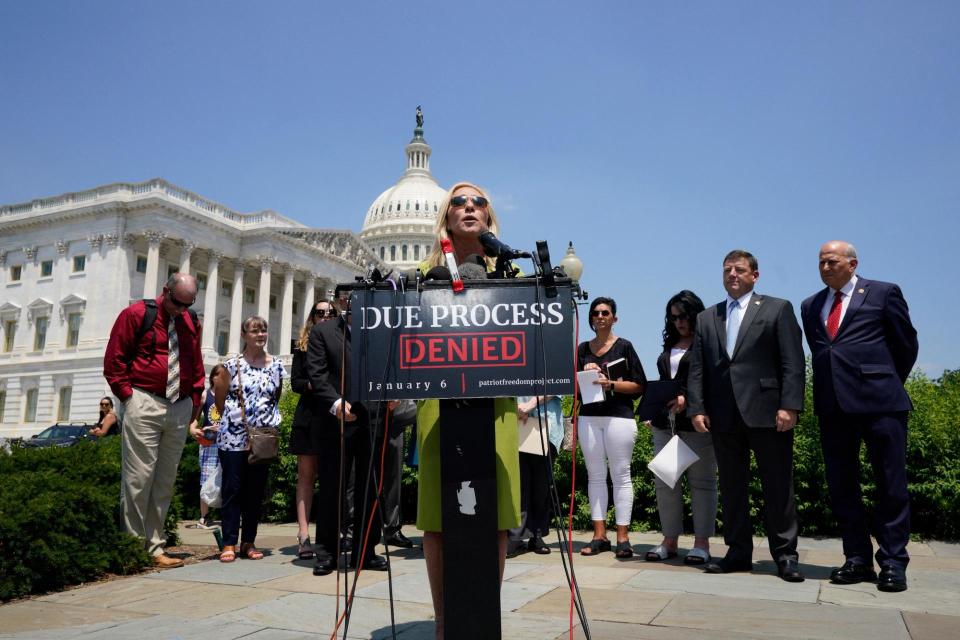 Marjorie Taylor Greene at a June, 2022 press conference in support of January 6 figures