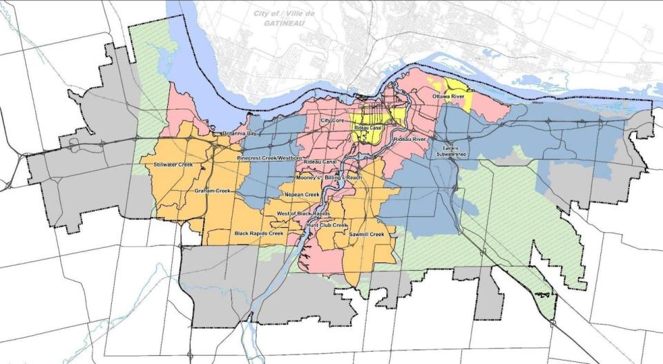 Areas that already already have access to Rain Ready financial incentives are marked in blue, with new proposed priority areas in orange. Red areas drain directly into the Ottawa or Rideau rivers and are considered lower priority, but may be considered at a later date.