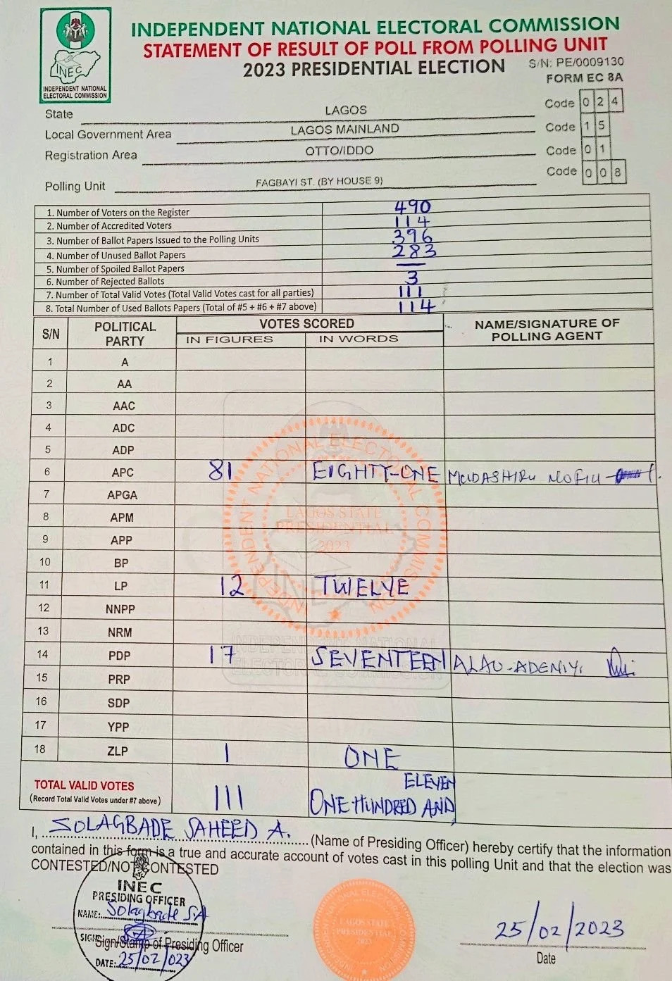 Ballot tally sheet