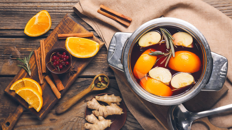 Sauce pot of mulled wine and spices