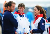 WEYMOUTH, ENGLAND - AUGUST 06: Catherine, Duchess of Cambridge meets Finn class gold medal winner Ben Ainslie of Great Britain on Day 10 of the London 2012 Olympic Games at the Weymouth & Portland Venue at Weymouth Harbour on August 6, 2012 in Weymouth, England. (Photo by Laurence Griffiths/Getty Images)