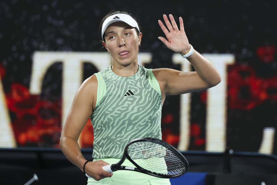 Jessica Pegula of the U.S. reacts after defeating Rebecca Marino of Canada in their first round match at the Australian Open tennis championships at Melbourne Park, Melbourne, Australia, Tuesday, Jan. 16, 2024. (AP Photo/Asanka Brendon Ratnayake)