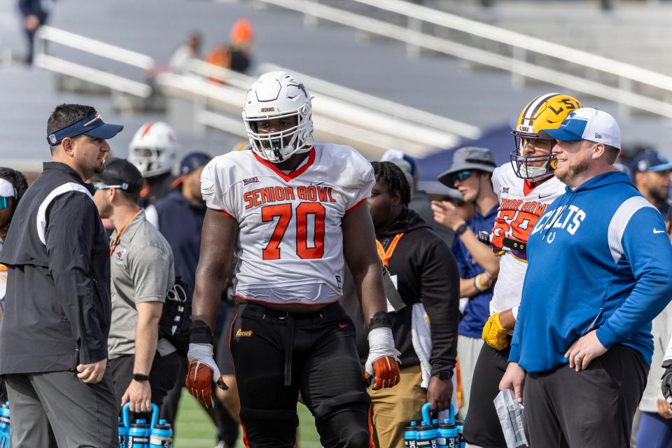 Texas right tackle Christian Jones improved his draft stock during his time at the Senior Bowl in Mobile, Ala.