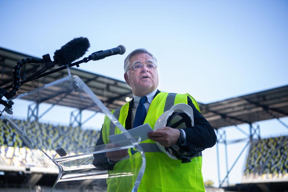 Mayor John Cooper talks expresses how he feels about the newly named soccer stadium, Geodis Park, during a news conference at the fairgrounds in Nashville, Tenn., Thursday, March 10, 2022. 