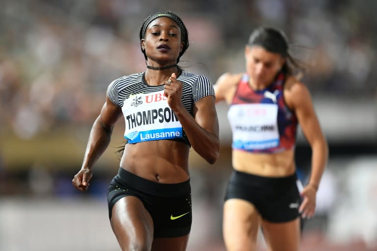 Elaine Thompson of Jamaica competes in the 100m women race during the Diamond League Athletics meeting "Athletissima"