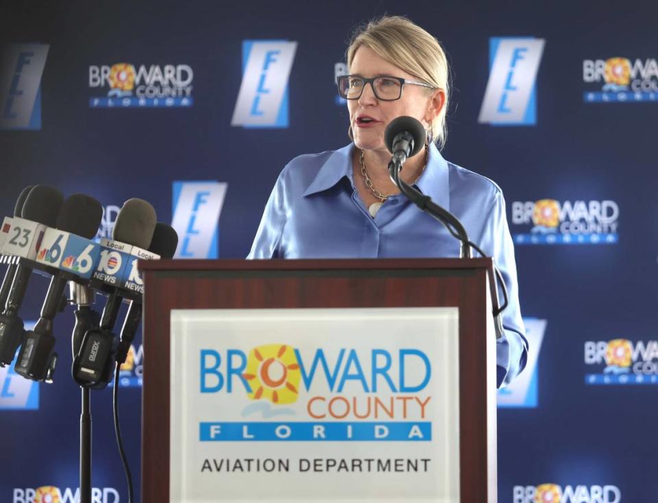 Joanna Geraghty, chief operating officer of JetBlue, speaks during the groundbreaking ceremony of Fort Lauderdale-Hollywood International Airport’s Terminal 5 on Monday, Sept. 9, 2023. (Carline Jean/South Florida Sun Sentinel)