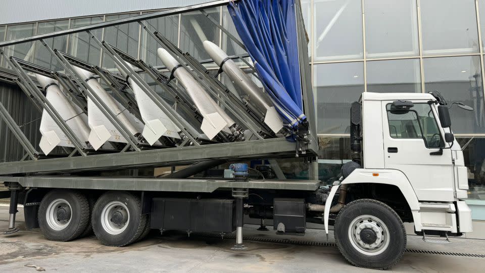 Shahed attack drones on an unmarked truck at an Iranian Revolutionary Guards exhibit in Tehran, Iran on May 1, 2024. - Fred Pleitgen/CNN