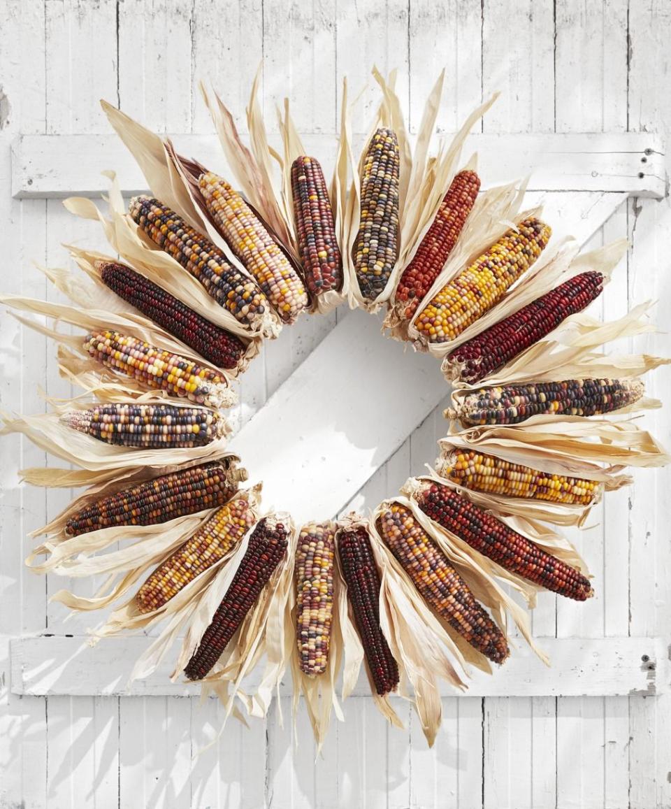 <p>Want a seasonal wreath you can make yourself? You've found it in this simple version that uses only Indian corn.</p><p><strong>To make:</strong> Detach husks from one side of 20 medium- size Flint corn. Hot-glue the undersides of the corn to their husks. Lay out the corn in a circle with the tops pointing out, alternating colors. Hot-glue the corn to an 18-inch craft ring, and fill in any sparse areas with extra husks.</p><p><a class="link " href="https://www.buyflorals.com/indian-corn-large-p-444.html" rel="nofollow noopener" target="_blank" data-ylk="slk:SHOP FLINT CORN">SHOP FLINT CORN</a></p>
