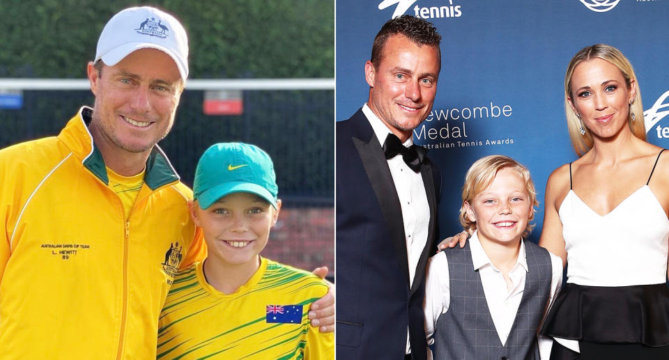 Pictured Lleyton Hewitt and his son left and right Cruz with his mum Bec and dad Lleyton