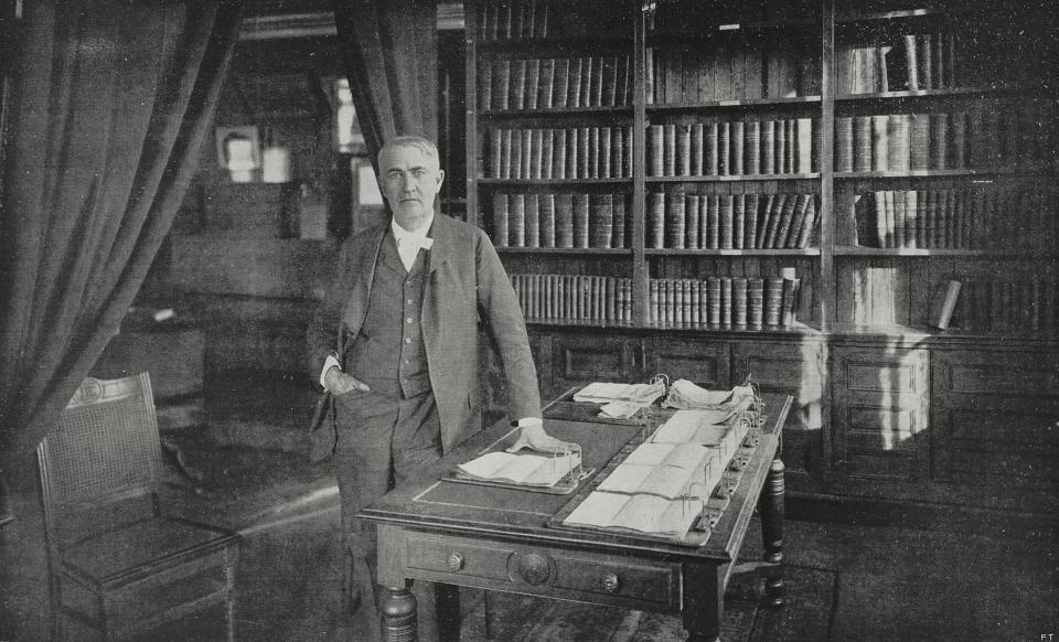 Inventor Thomas Edison (1847-1931) inside his personal library, from L'Illustrazione Italiana, year LVIII, n 43, October 25, 1931.