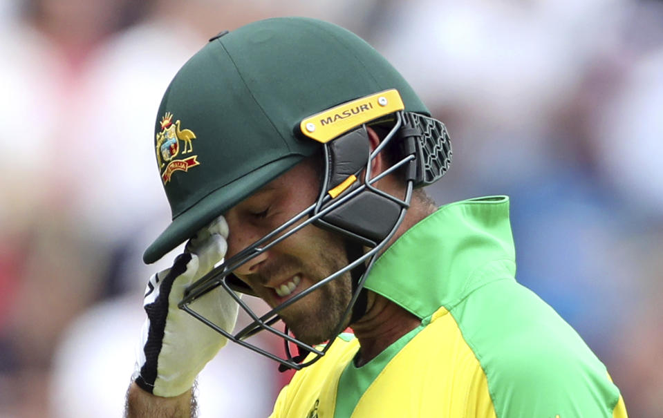 FILE - In this July 11, 2019, file photo, Australia's Glenn Maxwell reacts as he leaves the field after being dismissed by England's Jofra Archer during the Cricket World Cup semi-final match between England and Australia at Edgbaston in Birmingham, England. A serious health concern is emerging in Australian cricket. The first test of the home summer starts in Brisbane next week and Australia has three players out of the selection frame because of mental health reasons. (AP Photo/Aijaz Rahi, IFle)