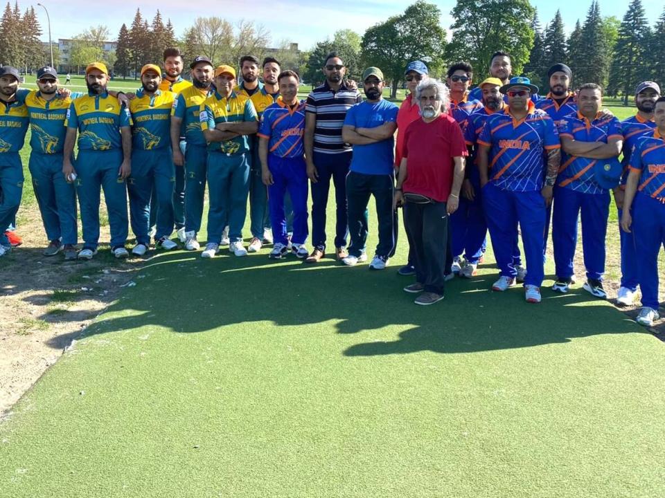 The Montreal Badshashs and Indian Stars pose for a photo from last weekend's season opening match.  (Montreal Cricket Association/Facebook - image credit)