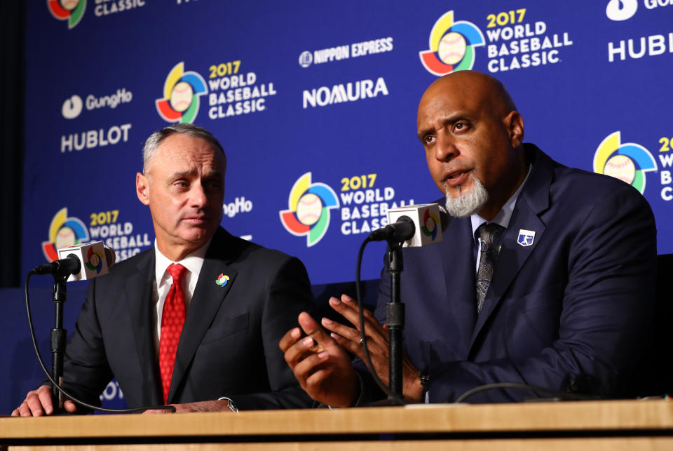 LOS ANGELES, CA - MARCH 22:  Major League Baseball Commissioner Robert D. Manfred Jr. and Major League Baseball Players Association Executive Director Tony Clark speak during a press conference before Game 3 of the Championship Round of the 2017 World Baseball Classic between Team USA and Team Puerto Rico on Wednesday, March 22, 2017 at Dodger Stadium in Los Angeles, California. (Photo by Alex Trautwig/WBCI/MLB via Getty Images) 